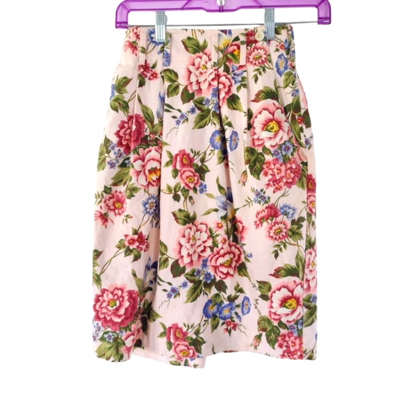 Vintage Dresses & Skirts - Bushwacker Womans Skirt‎ Size 6 Pink Colorful Floral Print Linen Cotton Blend